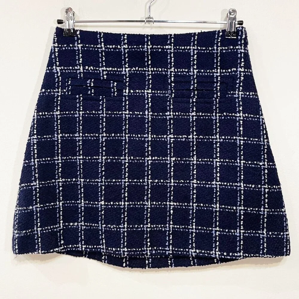 New & Other Stories Plaid Tweed A-Line Mini Skirt Navy 6 $79
